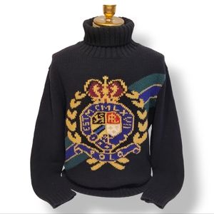 Vintage Polo Ralph Lauren 92 Crest Knit Wool Turtleneck Sweater Navy Mens Large.
